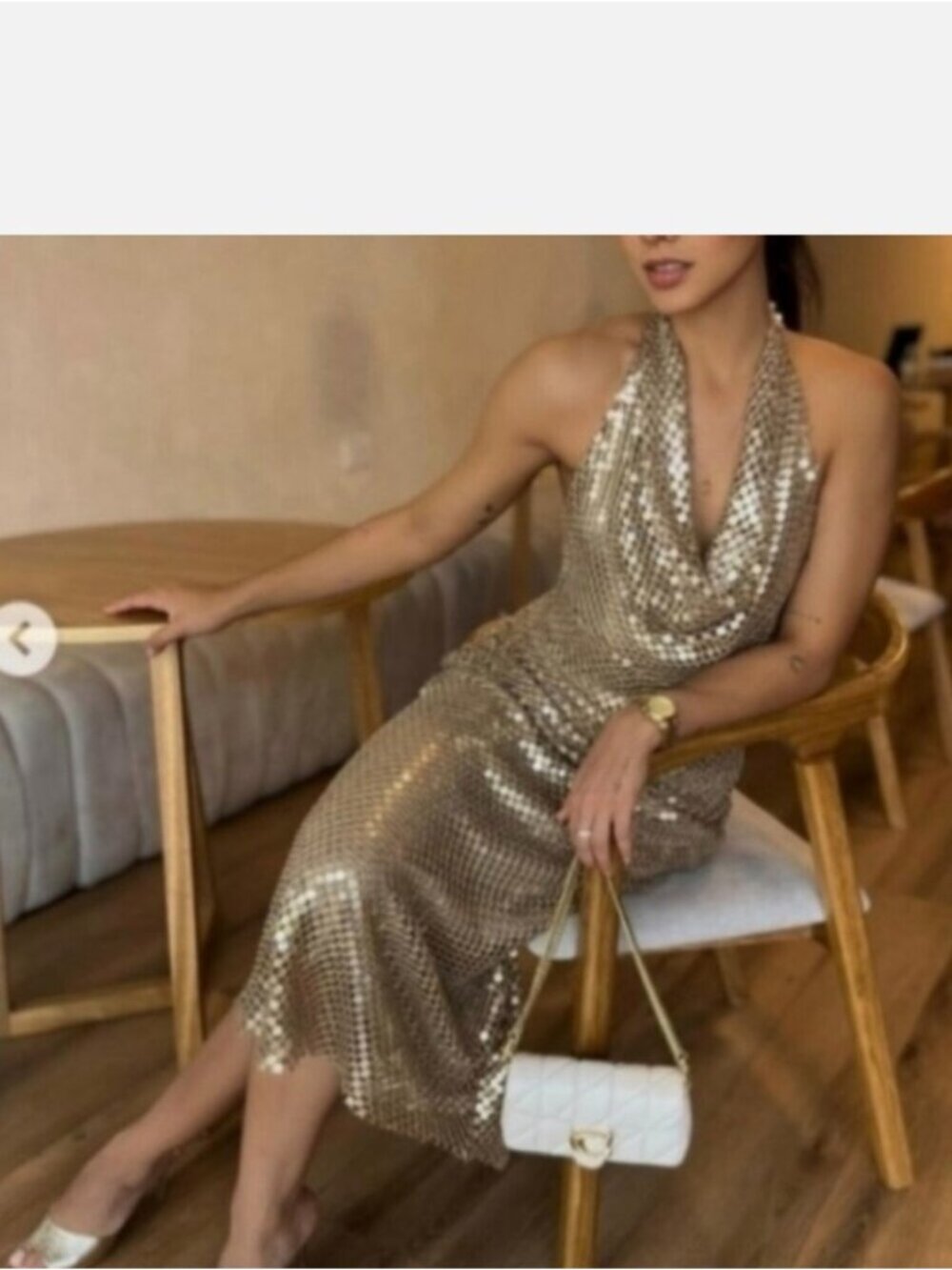 ZARA Gold Sequin Mesh Halter cowl neck open back Midi Maxi Dress EUC Size XS - Picture 14 of 16